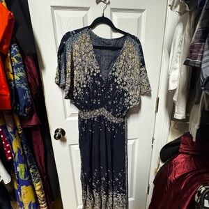 Floral Navy V-Neck Maxi Dress with Cream Print